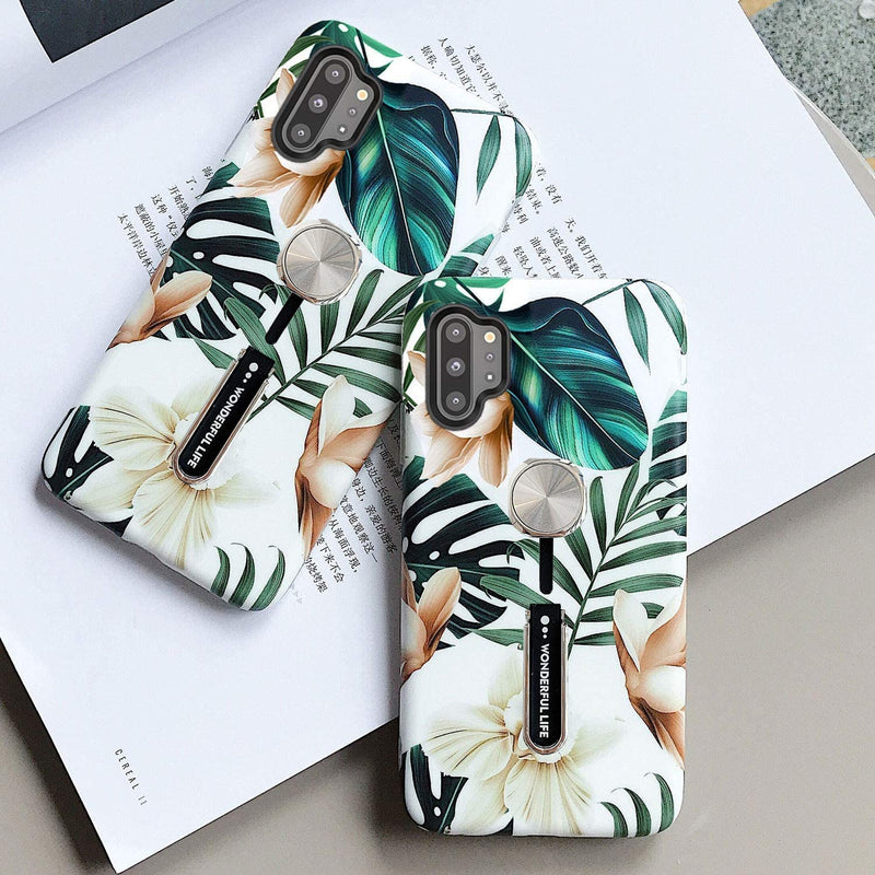 Galaxy Note 10 Plus Case Print Green Leaves Finger Ring Strap Cover - Gorilla Cases
