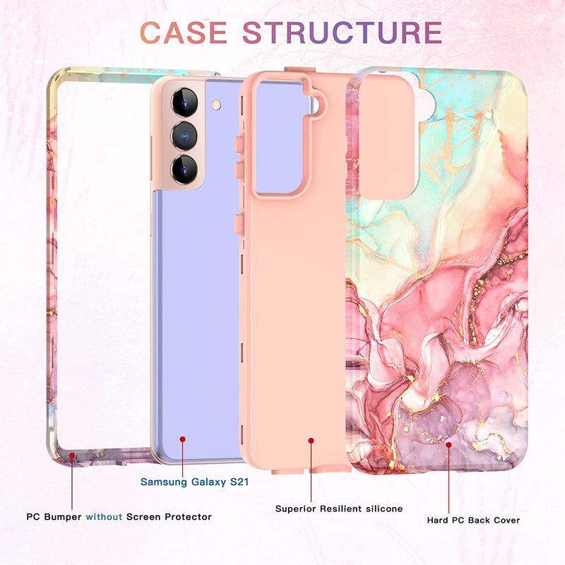 Galaxy S21 Case, Marble Pattern 3 in 1 Heavy Duty Shockproof Full Rose Gold - Gorilla Cases