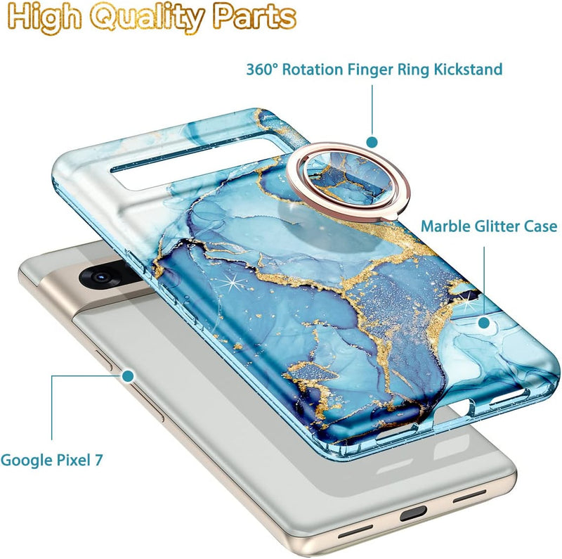 Google Pixel 7 Case, Heavy Duty Rotation Ring Kickstand Magnetic Car Case - Blue Marble - Gorilla Cases