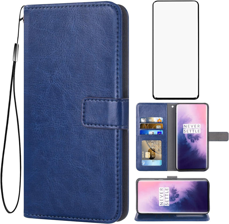 OnePlus 7 Pro Wallet Case Tempered Glass Screen Protector Flip Cover Blue - Gorilla Cases