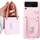 Samsung Z Flip 4 Case with Leather Strap Cute Bear Bow - Knot Galaxy - Pink