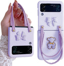 Samsung Z Flip 4 Case with Leather Strap Cute Bear Bow - Knot Galaxy - Pink