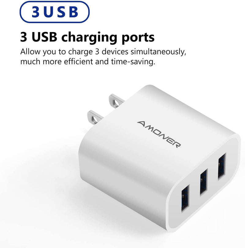 Wall Charger, Amoner Upgraded 2Pack 15W 3-Port USB Plug Cube Portable - Gorilla Cases