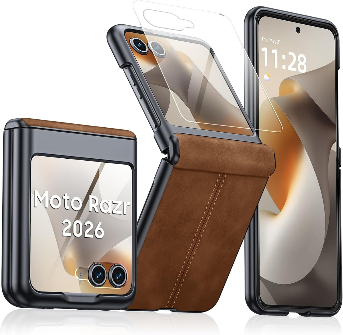 Moto Razr 2026 Leather Case Thin Matte Shell in brown PU leather