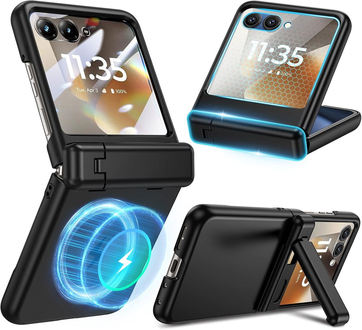 Moto Razr 2026 MagSafe Kickstand Case with Glass on a black flip phone
