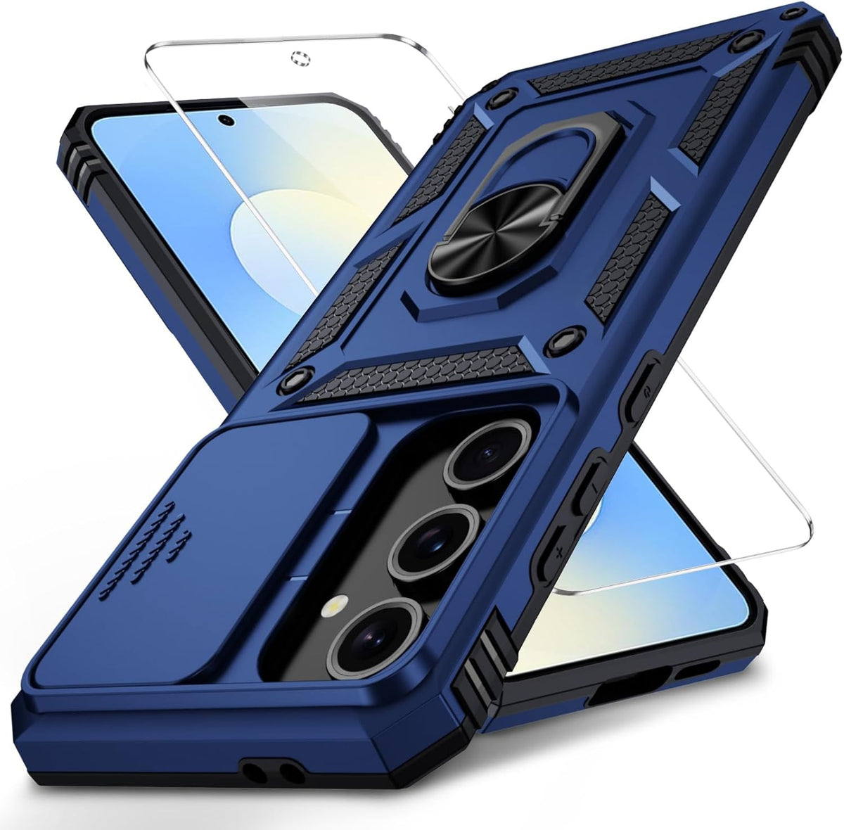 Galaxy S25 FE camera cover case with ring kickstand in navy blue
