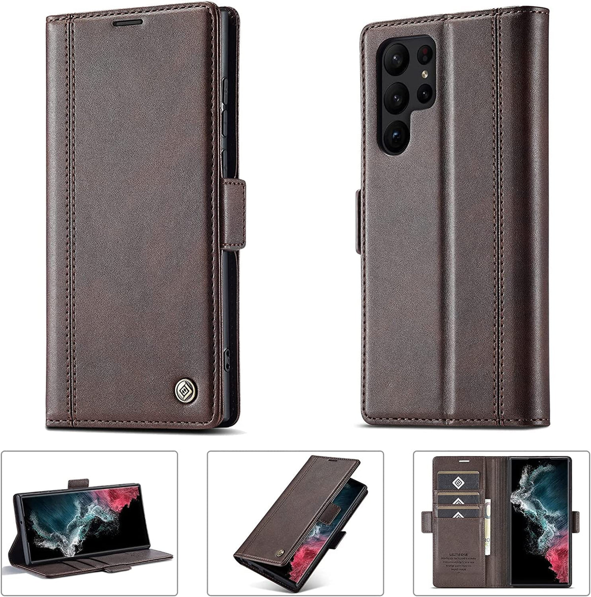 Galaxy S23 Ultra wallet case in leather with magnetic card holder and kickstand