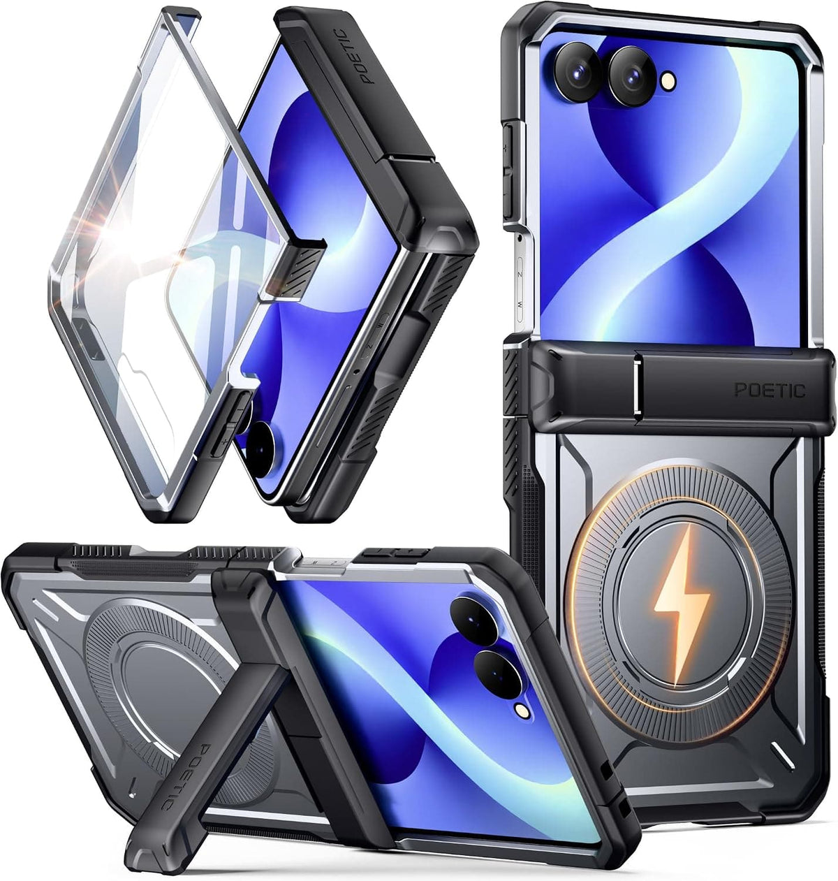 Galaxy Z Flip 8 Rugged Case with Hinge Protection, Tempered Glass & Kickstand (Black/Clear)