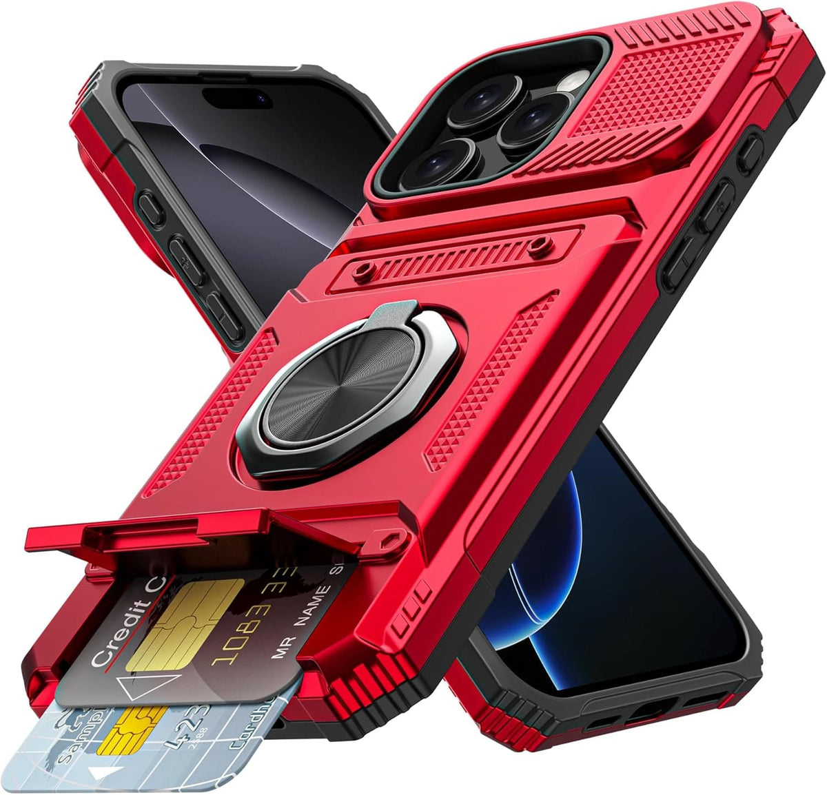 iPhone 16 Pro wallet case with rotating ring stand and card holder