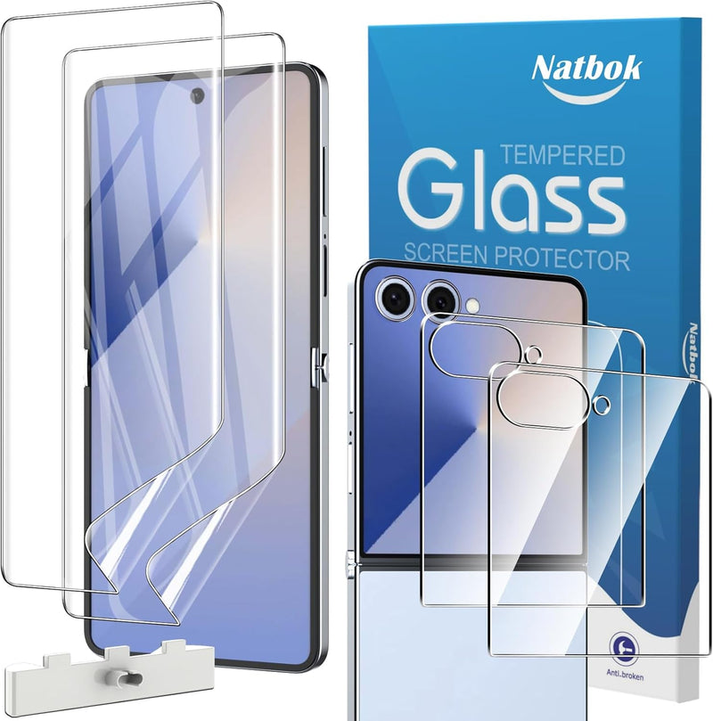 2+2 Pack Soft Flexible TPU Film Screen Protector for Samsung Galaxy Z Flip 7 & Front Tempered Glass Screen Protector,Hd Clear,Support Fingerprint Unlock,With Easy Installation Alignment Tool