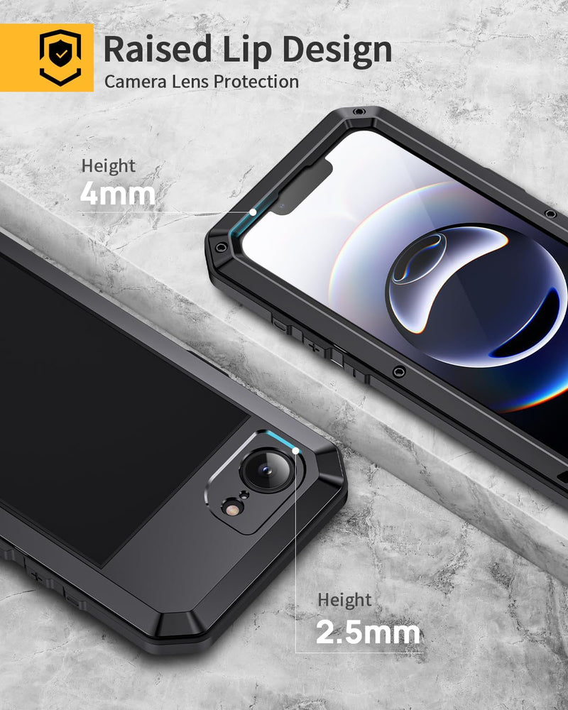 for Iphone 16E Case, Metal Heavy Duty Shockproof Tough Rugged Case with Built-In Glass Screen Protector, 360 Full Body Dustproof Strong Protective Phone Cover for Iphone 16E, Black