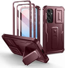 Galaxy S24 FE rugged case with slide camera cover and kickstand in maroon red