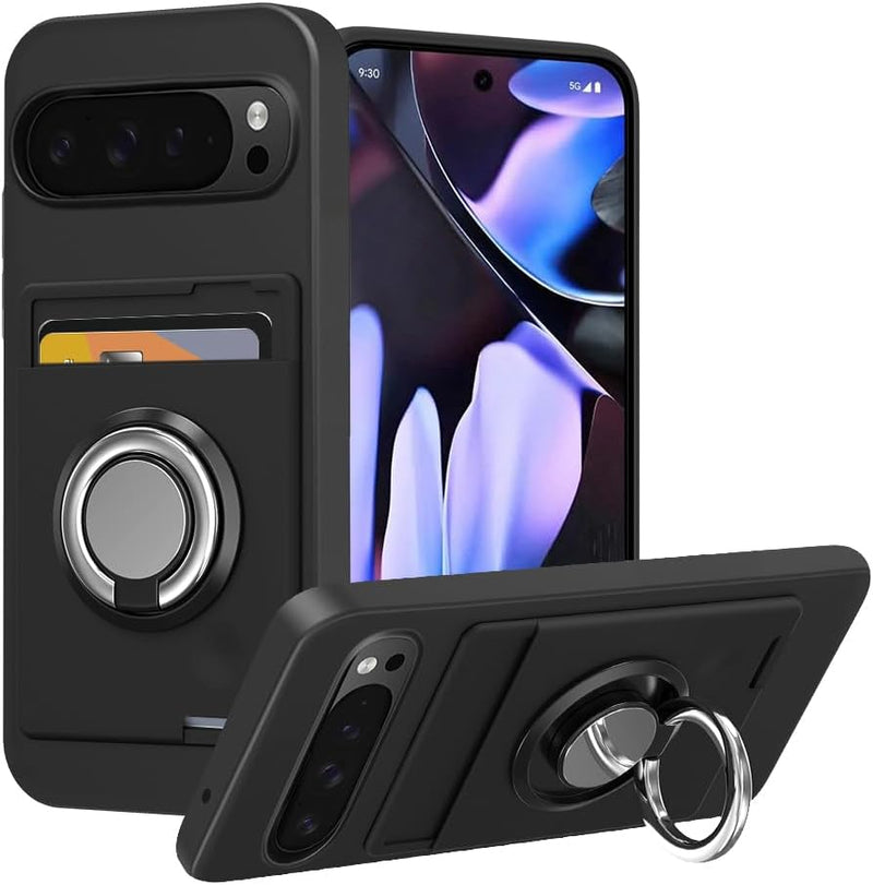 for Google Pixel 10 Pro XL Phone Case with Card Holder & 360° Rotatable Ring Holder Kickstand/Stand case for Google Pixel 10 Pro XL Cover - Black