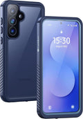 Galaxy S25 FE waterproof case IP68 navy blue front view with built-in screen protector