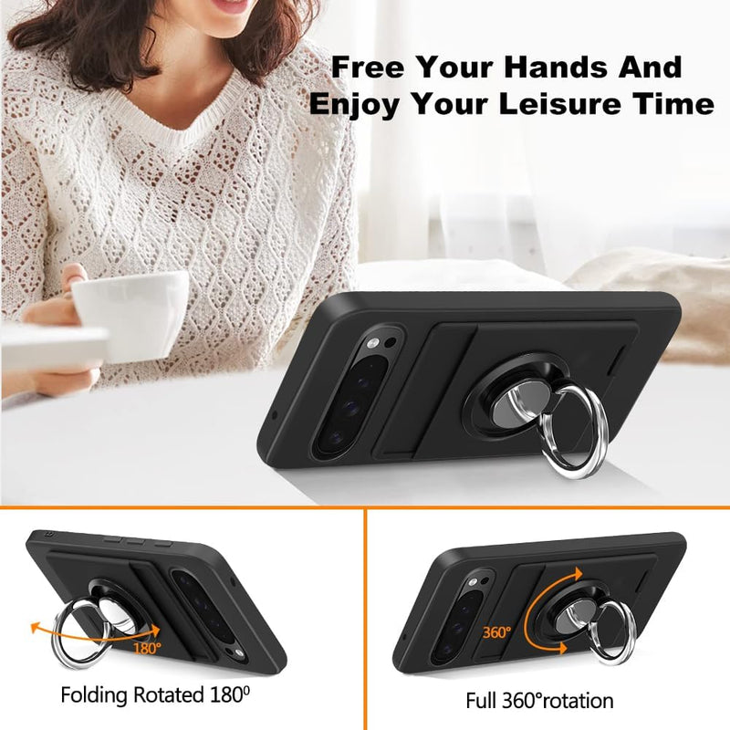 for Google Pixel 10 Pro XL Phone Case with Card Holder & 360° Rotatable Ring Holder Kickstand/Stand case for Google Pixel 10 Pro XL Cover - Black