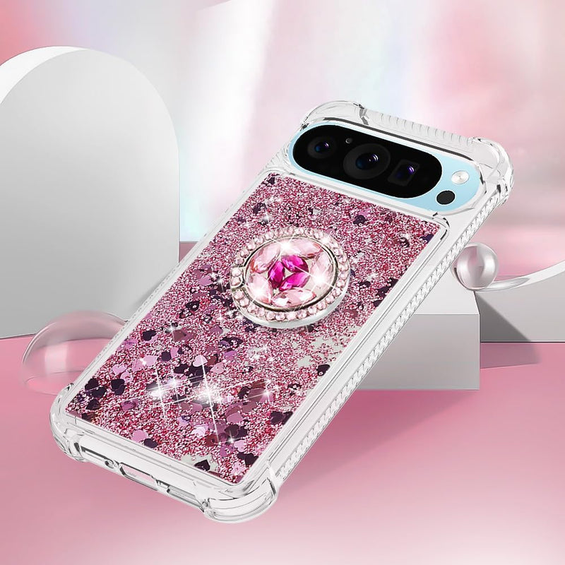 Liquid Quicksand Case for Google Pixel 10 Pro XL with Diamond Kickstand, Luxury Glitter Sparkle Flowing Bling Shockproof Protection Fun Cover for Google Pixel 10 Pro XL LSZ-Pink
