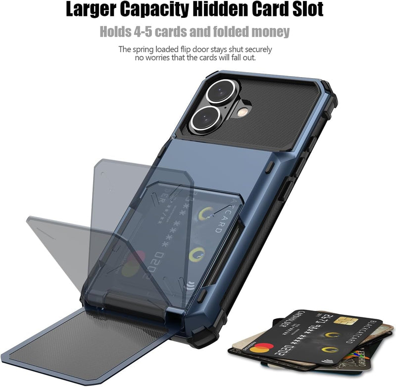 iPhone 16 Case Holder Store 5 Cards Dual Layer Heavy Duty Shockproof Wallet Case Hidden Card Slot Large Storage Cover - Gorilla Cases