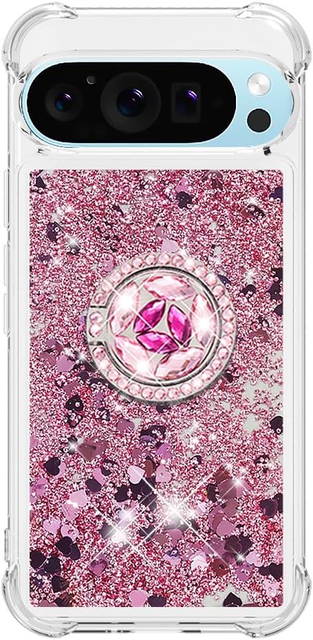 Liquid Quicksand Case for Google Pixel 10 Pro XL with Diamond Kickstand, Luxury Glitter Sparkle Flowing Bling Shockproof Protection Fun Cover for Google Pixel 10 Pro XL LSZ-Pink
