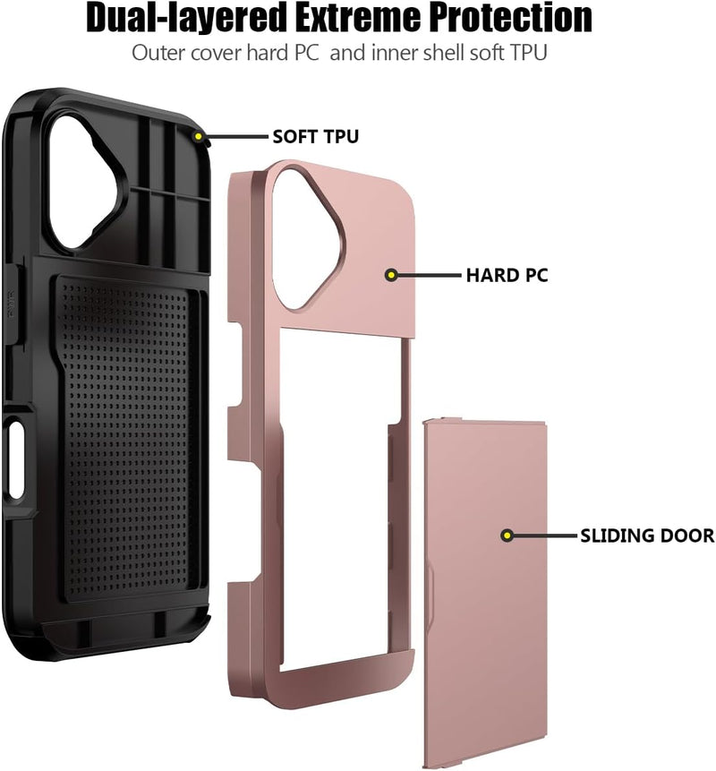 iPhone 16 Case Holder Store 5 Cards Dual Layer Heavy Duty Shockproof Wallet Case Hidden Card Slot Large Storage Cover - Gorilla Cases