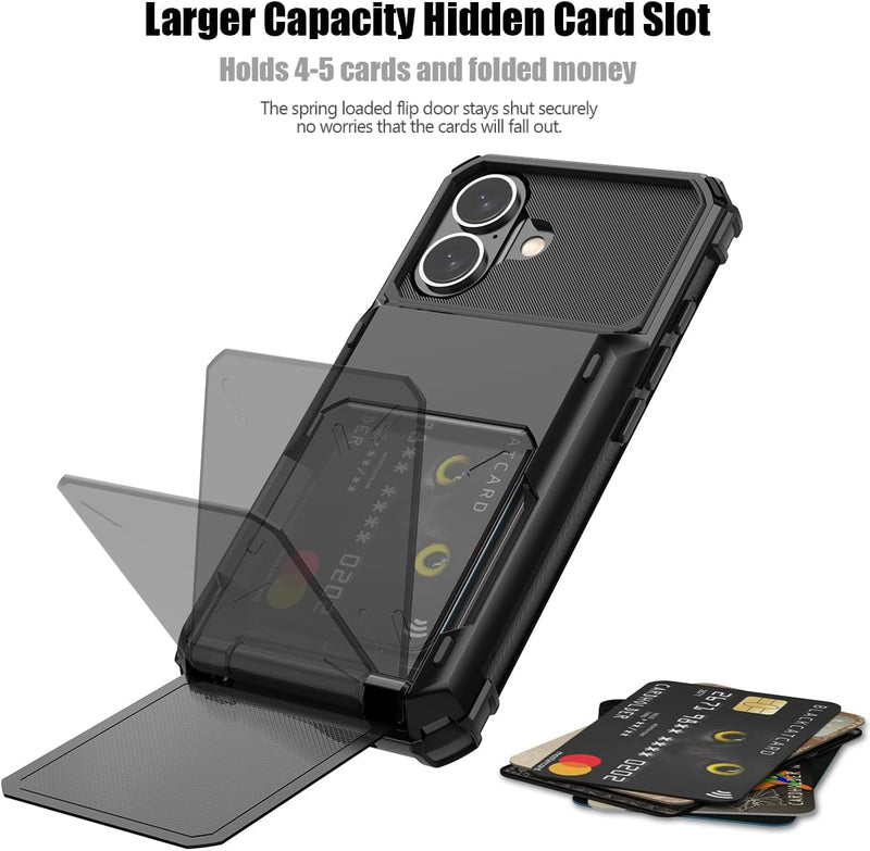 iPhone 16 Case Holder Store 5 Cards Dual Layer Heavy Duty Shockproof Wallet Case Hidden Card Slot Large Storage Cover - Gorilla Cases