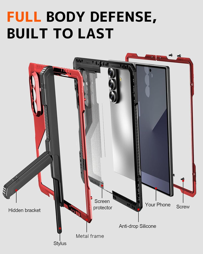 NINKI for Z Fold 7 Case with S Pen Holder & Kickstand, Metal Silicone Hinge Cover for Samsung Galaxy Z Fold 7 Case with Screen Protector, Rugged Protective Galaxy Fold7 5G Phone Cover with Stand - Red