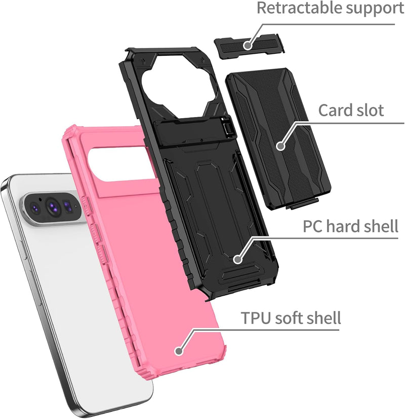 for Google Pixel 9 Pro XL & Pixel 10 Pro XL Wallet Case with Credit Card Holder Stand Kickstand Slim Rugged Shockproof Heavy Duty Defender Armor 【Military Grade】 Protective Phone Case - Pink