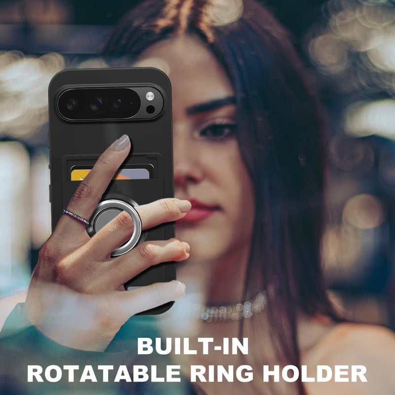 for Google Pixel 10 Pro XL Phone Case with Card Holder & 360° Rotatable Ring Holder Kickstand/Stand case for Google Pixel 10 Pro XL Cover - Black