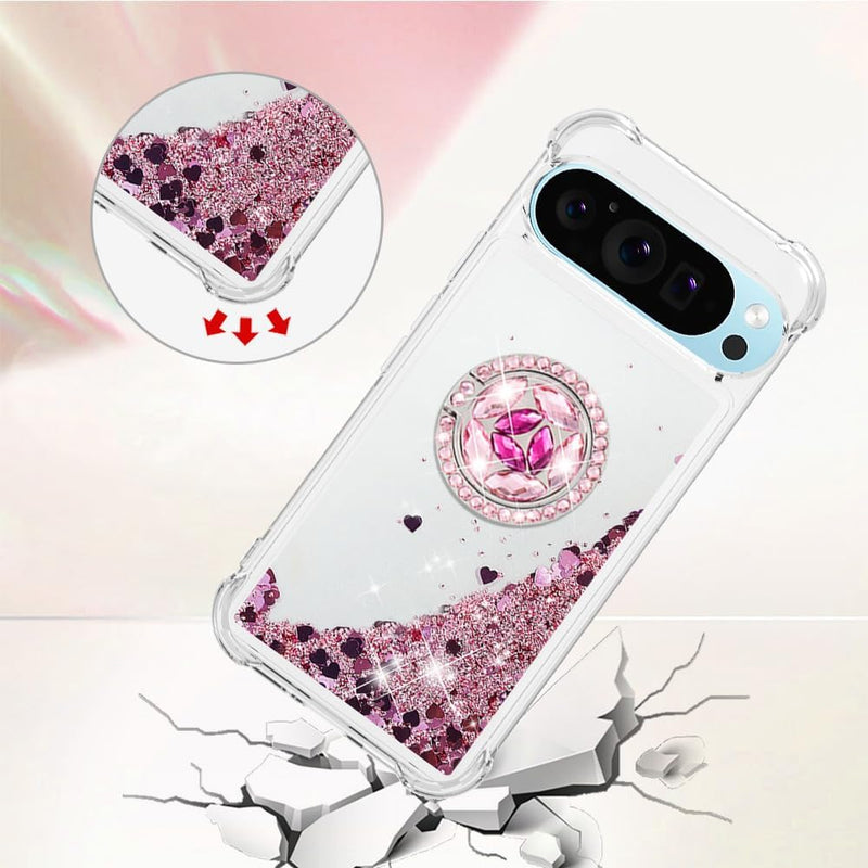 Liquid Quicksand Case for Google Pixel 10 Pro XL with Diamond Kickstand, Luxury Glitter Sparkle Flowing Bling Shockproof Protection Fun Cover for Google Pixel 10 Pro XL LSZ-Pink