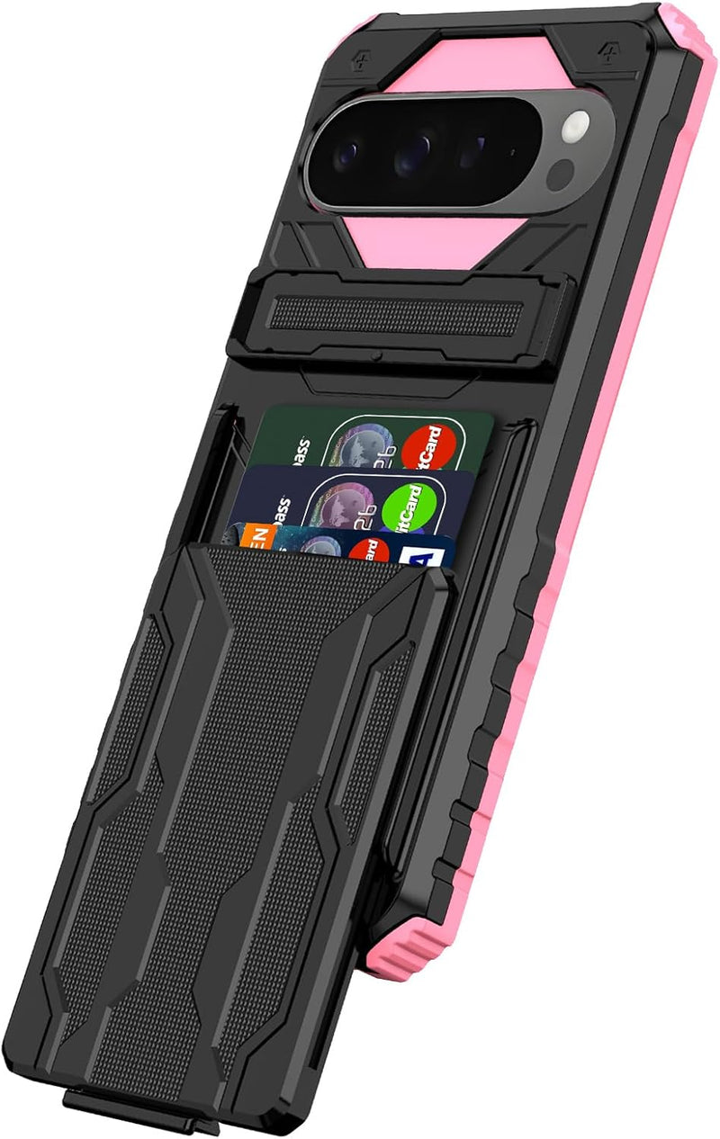 for Google Pixel 9 Pro XL & Pixel 10 Pro XL Wallet Case with Credit Card Holder Stand Kickstand Slim Rugged Shockproof Heavy Duty Defender Armor 【Military Grade】 Protective Phone Case - Pink