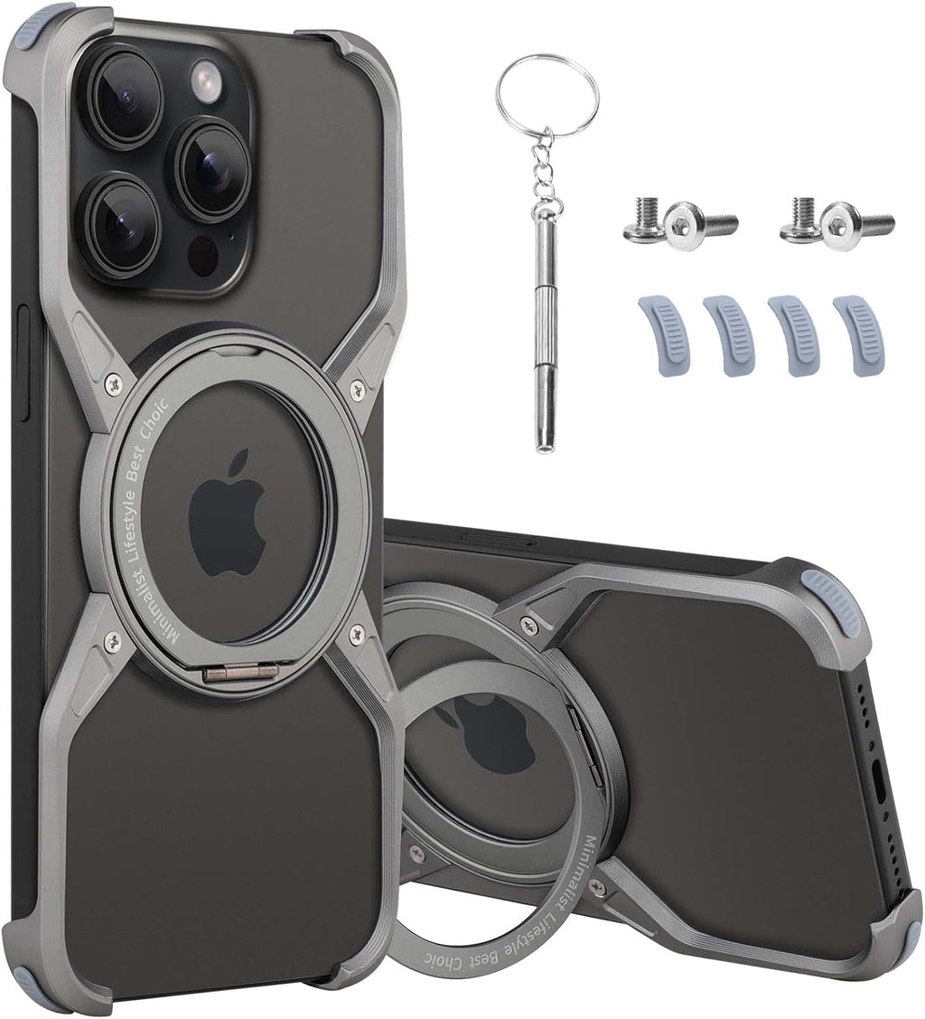 Frameless Magnetic Kickstand Metal Case for iPhone 16 Pro Max