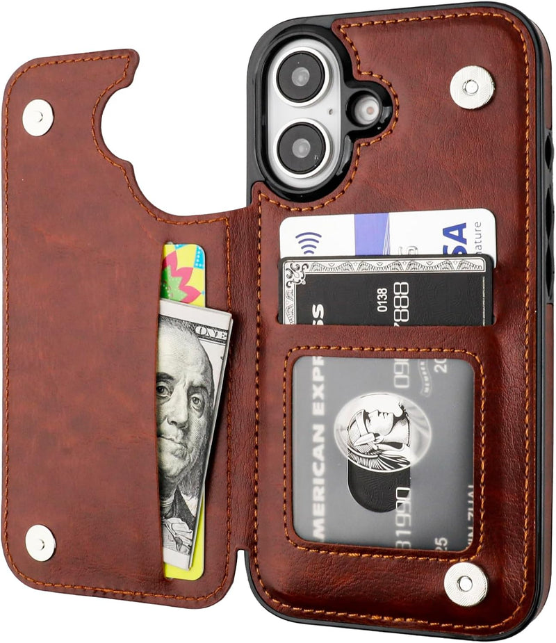 iPhone 16 Wallet Case with Card Holder PU Leather Kickstand Card Slots Case Black - Gorilla Cases