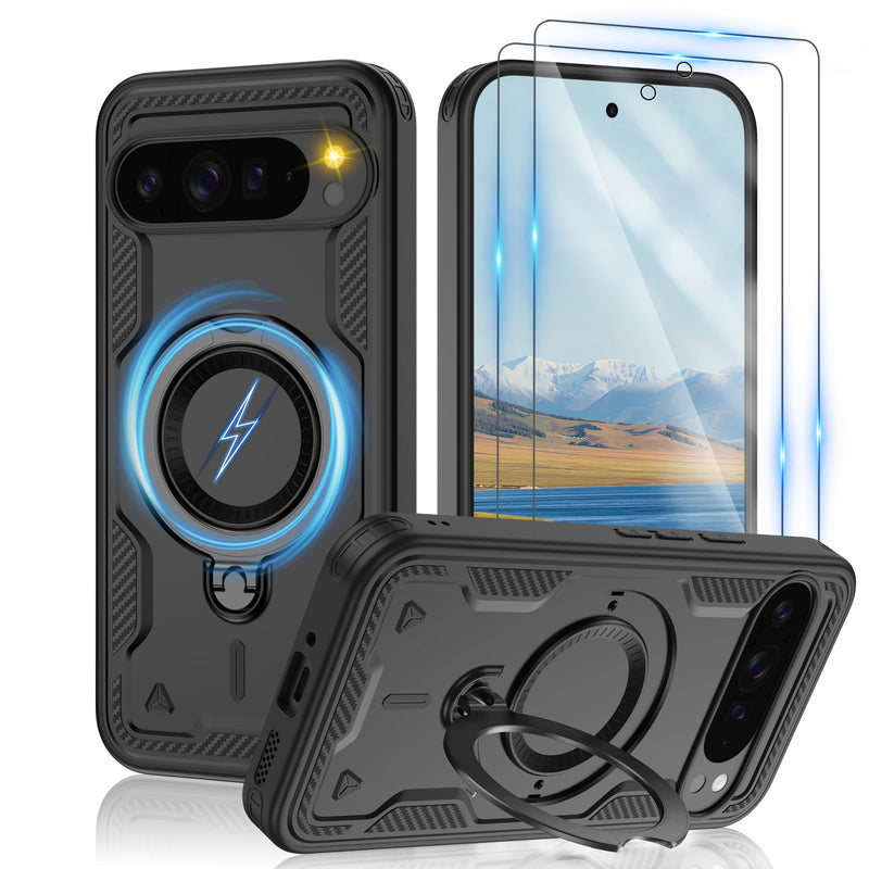 Gritup for Google Pixel 10 Pro XL Case：Compatible with MagSafe | with HD Screen Protector×2 | Metal Rotated Kickstand | Military Grade Drop Proof Protective | Anti-Fingerprint,Black