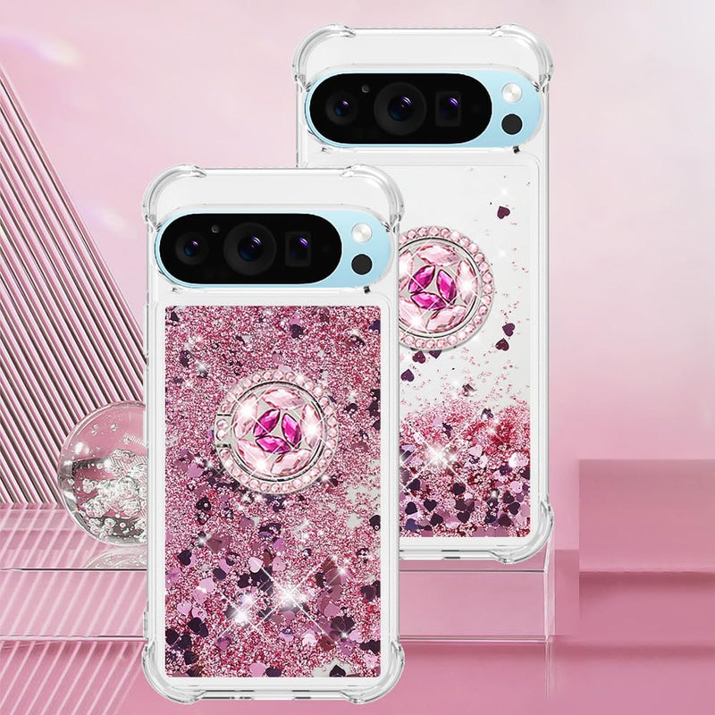 Liquid Quicksand Case for Google Pixel 10 Pro XL with Diamond Kickstand, Luxury Glitter Sparkle Flowing Bling Shockproof Protection Fun Cover for Google Pixel 10 Pro XL LSZ-Pink