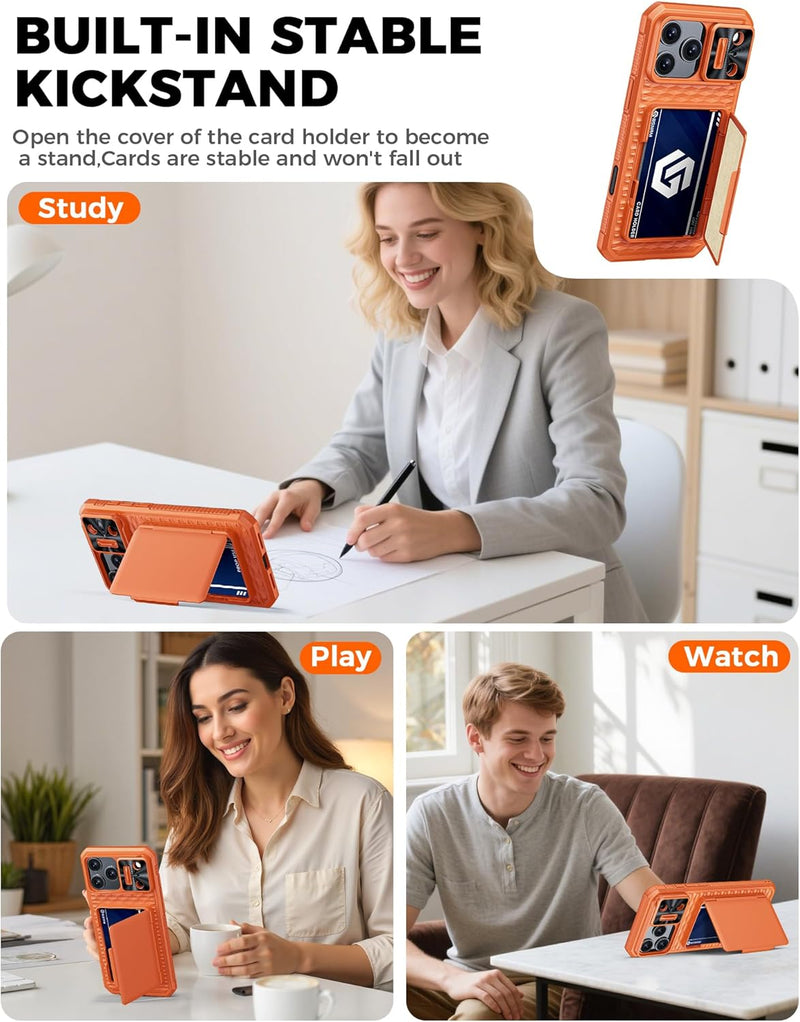 for iPhone 17 Pro Max Case Wallet, Built-in RFID Blocking Card Holder (4-5 Cards), Camera Control Button, Slide Camera Cover, Shockproof Rugged Silicone Phone Case for iPhone 17 Pro Max, Orange