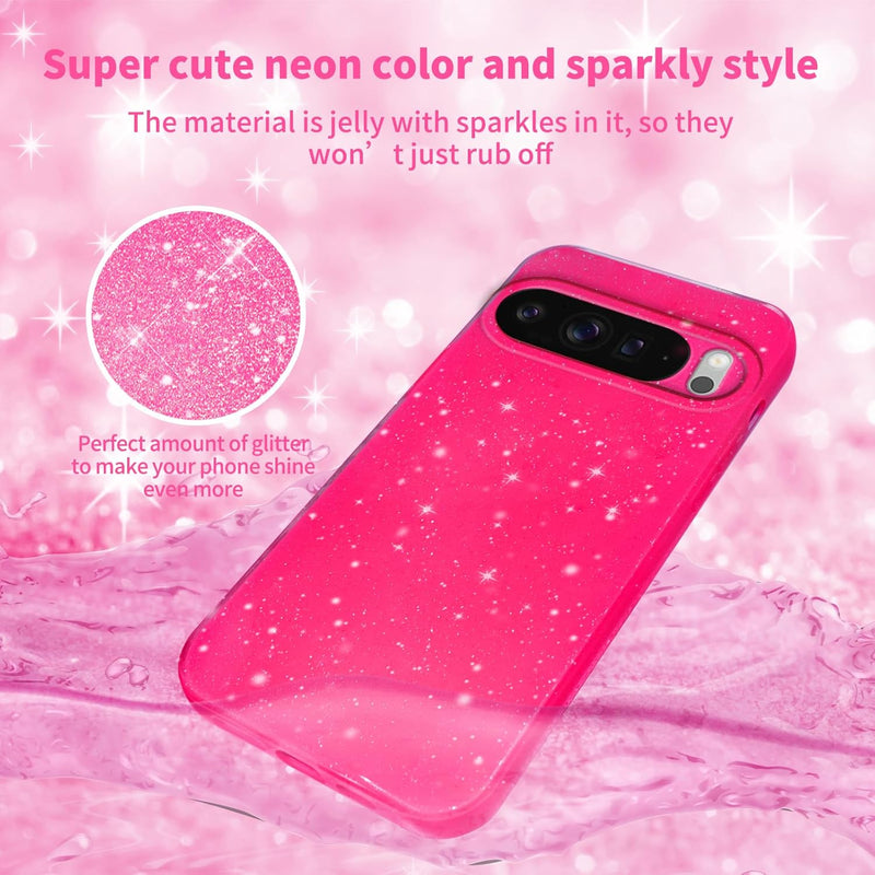 for Google Pixel 10 Pro XL Case Pink, Glitter Bling Phone Case for Women Girls Girly, Cute Sparkly Neon Bright Color, Soft TPU Phone Case for Google Pixel 10 Pro XL 6.8 inch, Hot Pink