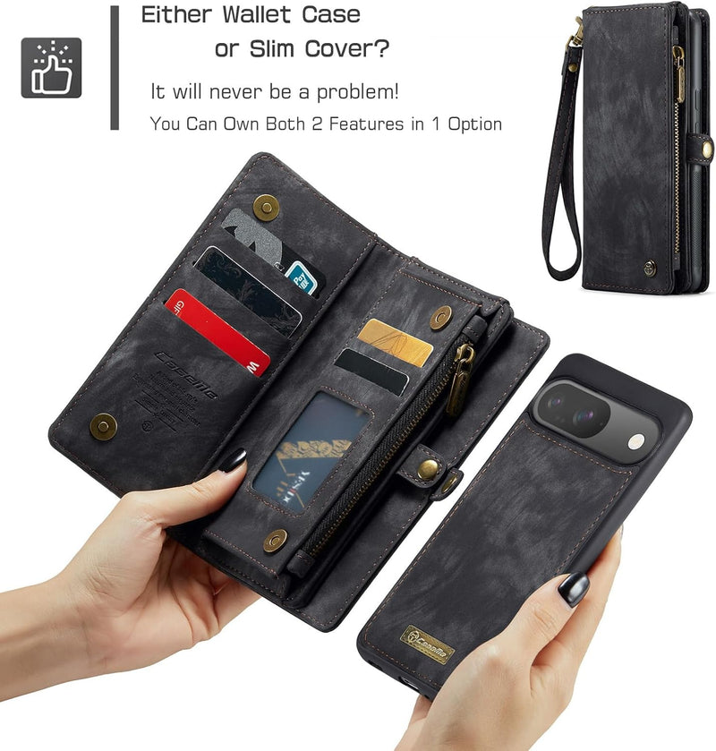 Pixel 9 Pro Wallet Style Magnetic Detachable 2 - in - 1 Zipper Purse Wireless Charging Kickstand Holder Black - Gorilla Cases