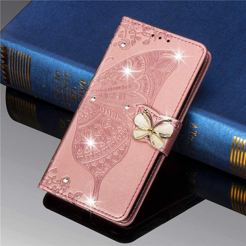 Google Pixel 9 Pro XL Crystal Butterfly PU Leather Wallet Case Card Holder Case Butterfly Rose Gold SD - Gorilla Cases