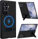 Galaxy Z Fold 8 Ultra Carbon-Fiber Leather Case with Stand, Screen Protector and MagSafe – Black