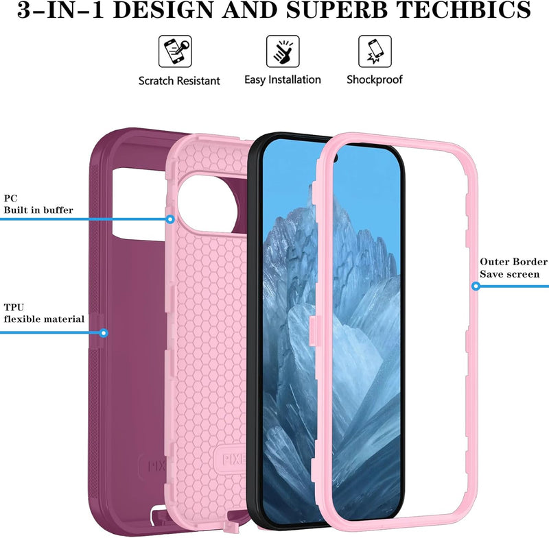 Qinmay Phone Case for Google Pixel 10 Pro XL Case with HD Screen Protector, Heavy Duty Shockproof & Dropproof 3-Layer Cover Phone Case (WineRedPink, for Pixel 10 Pro XL)