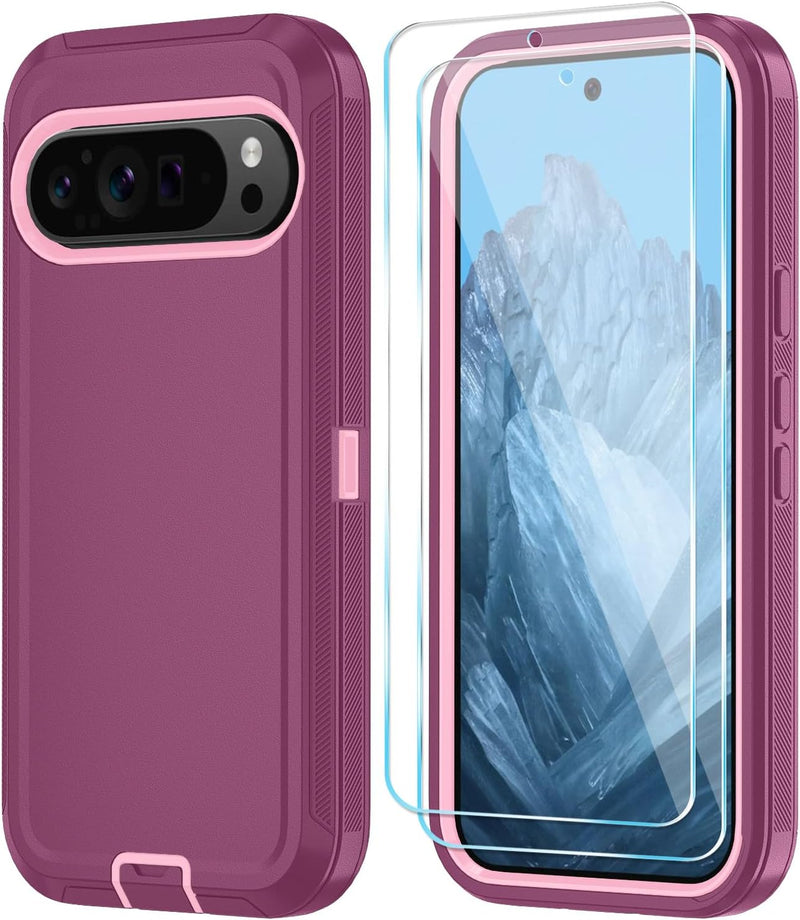 Qinmay Phone Case for Google Pixel 10 Pro XL Case with HD Screen Protector, Heavy Duty Shockproof & Dropproof 3-Layer Cover Phone Case (WineRedPink, for Pixel 10 Pro XL)