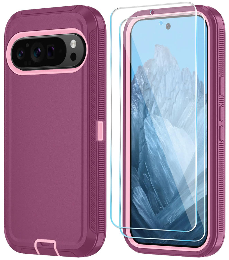 Qinmay Phone Case for Google Pixel 10 Pro XL Case with HD Screen Protector, Heavy Duty Shockproof & Dropproof 3-Layer Cover Phone Case (WineRedPink, for Pixel 10 Pro XL)
