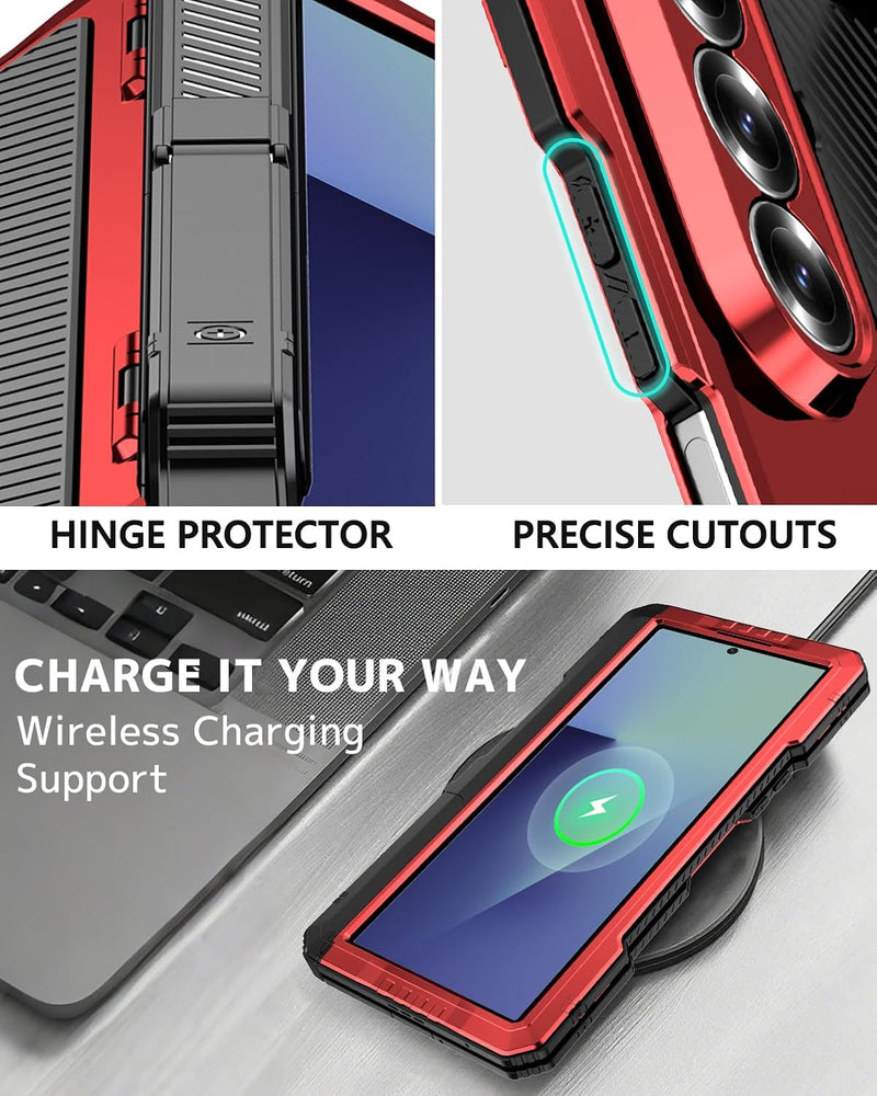 NINKI for Z Fold 7 Case with S Pen Holder & Kickstand, Metal Silicone Hinge Cover for Samsung Galaxy Z Fold 7 Case with Screen Protector, Rugged Protective Galaxy Fold7 5G Phone Cover with Stand - Red