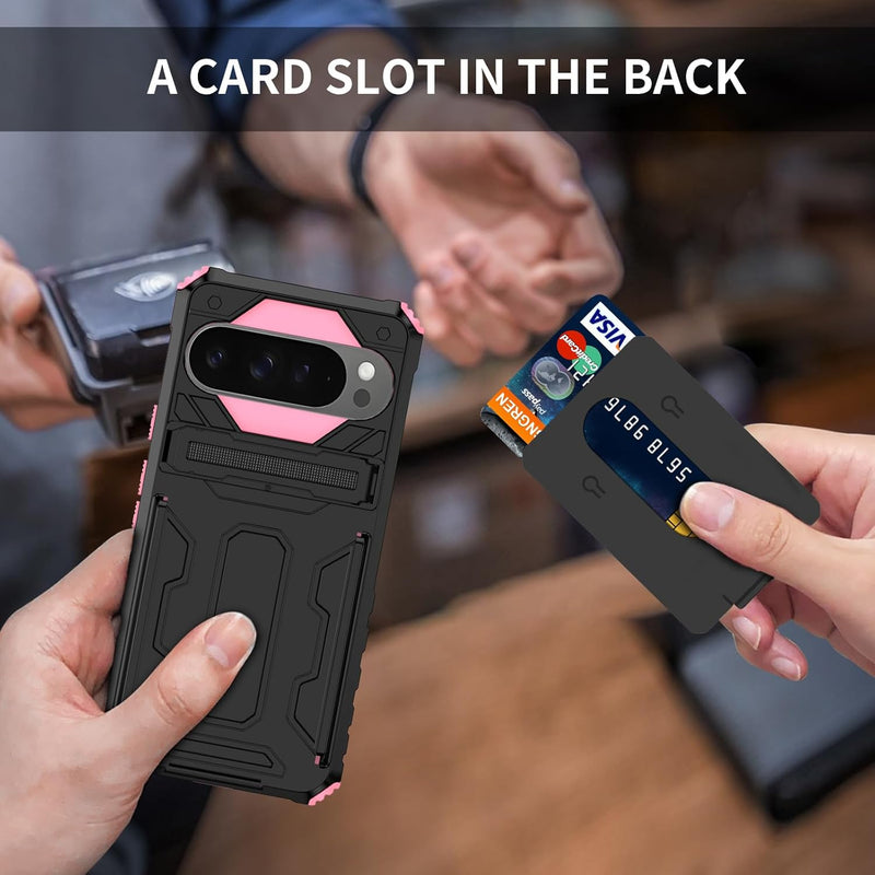 for Google Pixel 9 Pro XL & Pixel 10 Pro XL Wallet Case with Credit Card Holder Stand Kickstand Slim Rugged Shockproof Heavy Duty Defender Armor 【Military Grade】 Protective Phone Case - Pink