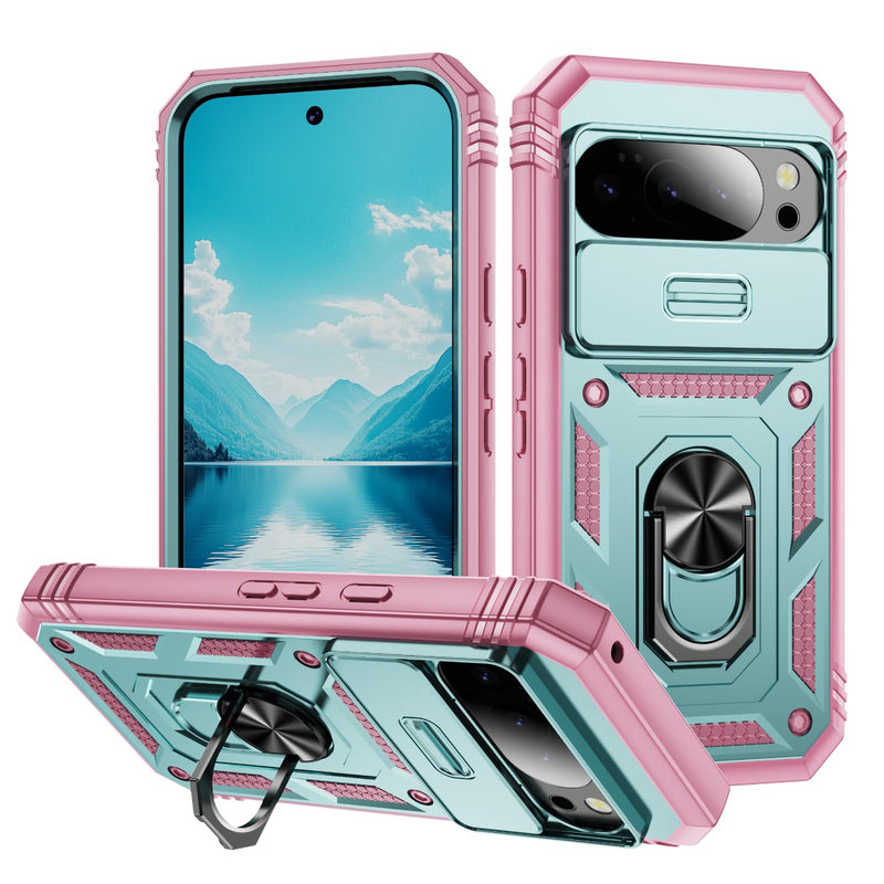 Lunivop Compatible with Google Pixel 10 Pro XL Case 360° Metal Rotated Ring Holder Magnetic Kickstand【Camera Protection】 Military - Grade Heavy Duty for Pixel 10 Pro XL Phone Case 2025 Pink Green