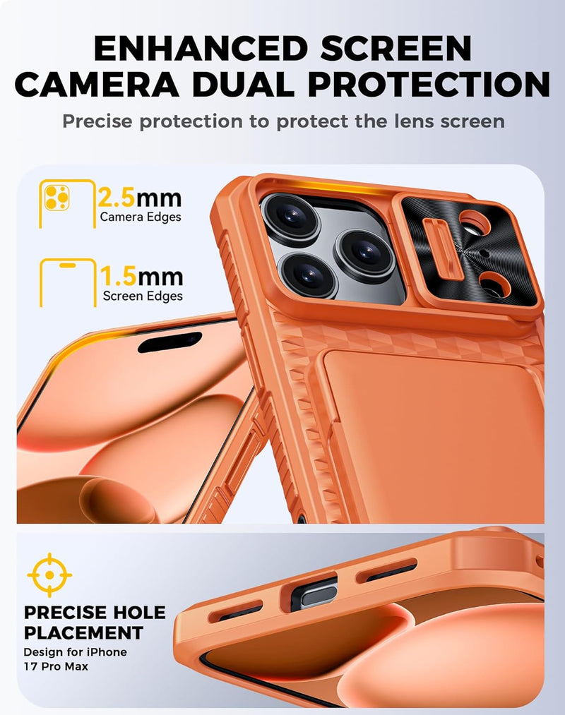 for iPhone 17 Pro Max Case Wallet, Built-in RFID Blocking Card Holder (4-5 Cards), Camera Control Button, Slide Camera Cover, Shockproof Rugged Silicone Phone Case for iPhone 17 Pro Max, Orange
