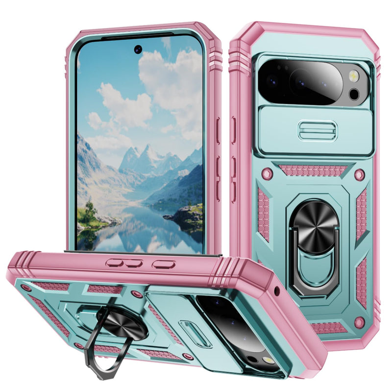 Lunivop Compatible with Google Pixel 10 Pro XL Case 360° Metal Rotated Ring Holder Magnetic Kickstand【Camera Protection】 Military - Grade Heavy Duty for Pixel 10 Pro XL Phone Case 2025 Pink Green