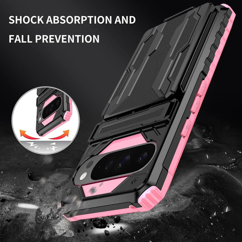 for Google Pixel 9 Pro XL & Pixel 10 Pro XL Wallet Case with Credit Card Holder Stand Kickstand Slim Rugged Shockproof Heavy Duty Defender Armor 【Military Grade】 Protective Phone Case - Pink