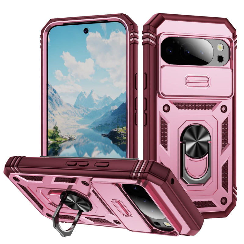 Lunivop Compatible with Google Pixel 10 Pro XL Case 360° Metal Rotated Ring Holder Magnetic Kickstand【Camera Protection】 Military - Grade Heavy Duty for Pixel 10 Pro XL Phone Case 2025 Pink Green