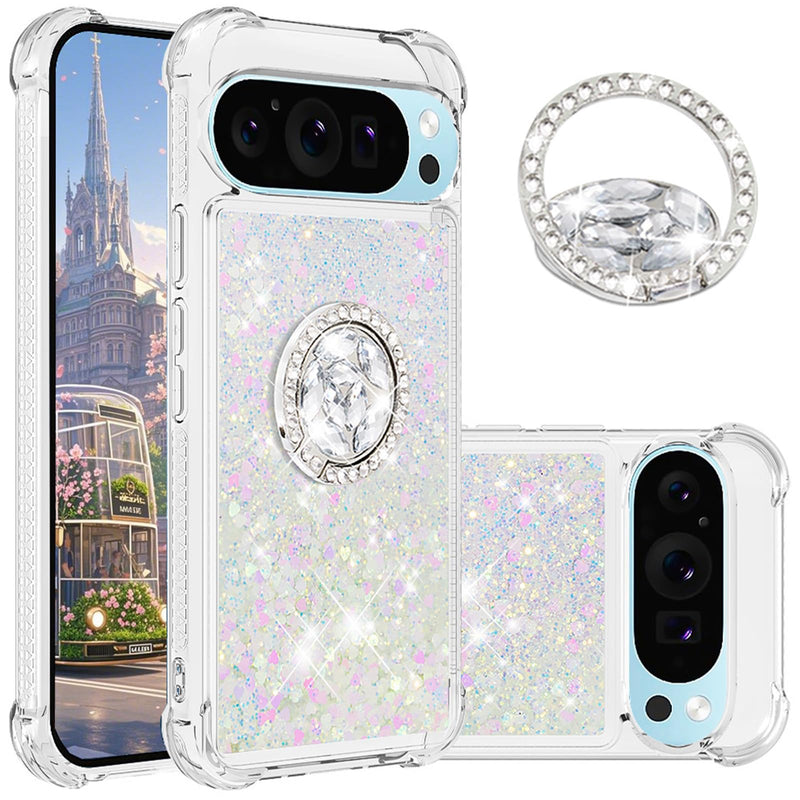 Liquid Quicksand Case for Google Pixel 10 Pro XL with Diamond Kickstand, Luxury Glitter Sparkle Flowing Bling Shockproof Protection Fun Cover for Google Pixel 10 Pro XL LSZ-Pink