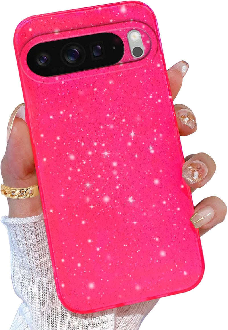 for Google Pixel 10 Pro XL Case Pink, Glitter Bling Phone Case for Women Girls Girly, Cute Sparkly Neon Bright Color, Soft TPU Phone Case for Google Pixel 10 Pro XL 6.8 inch, Hot Pink